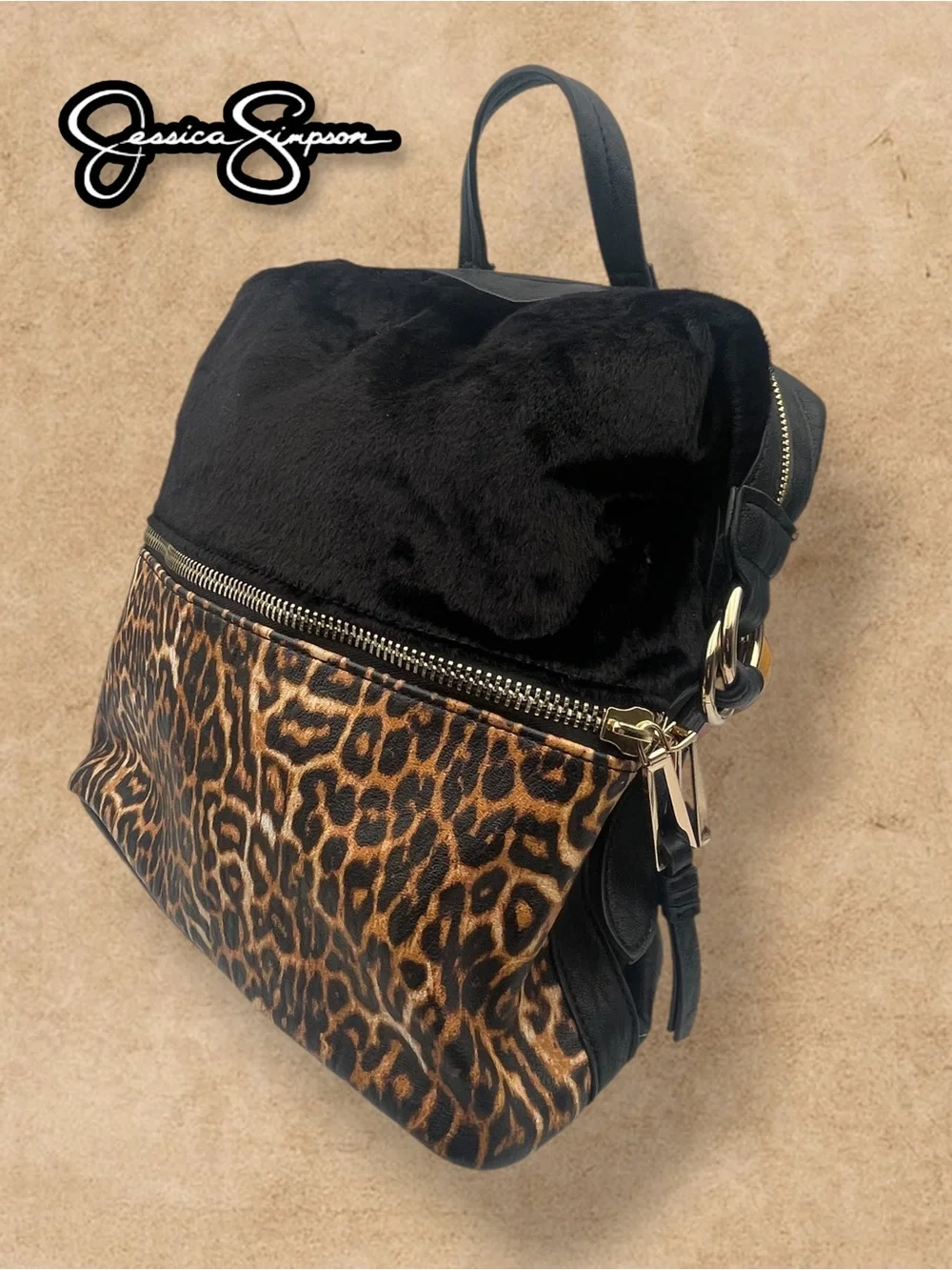 Jessica Simpson Faux Fur Black & Leopard Print Backpack Purse